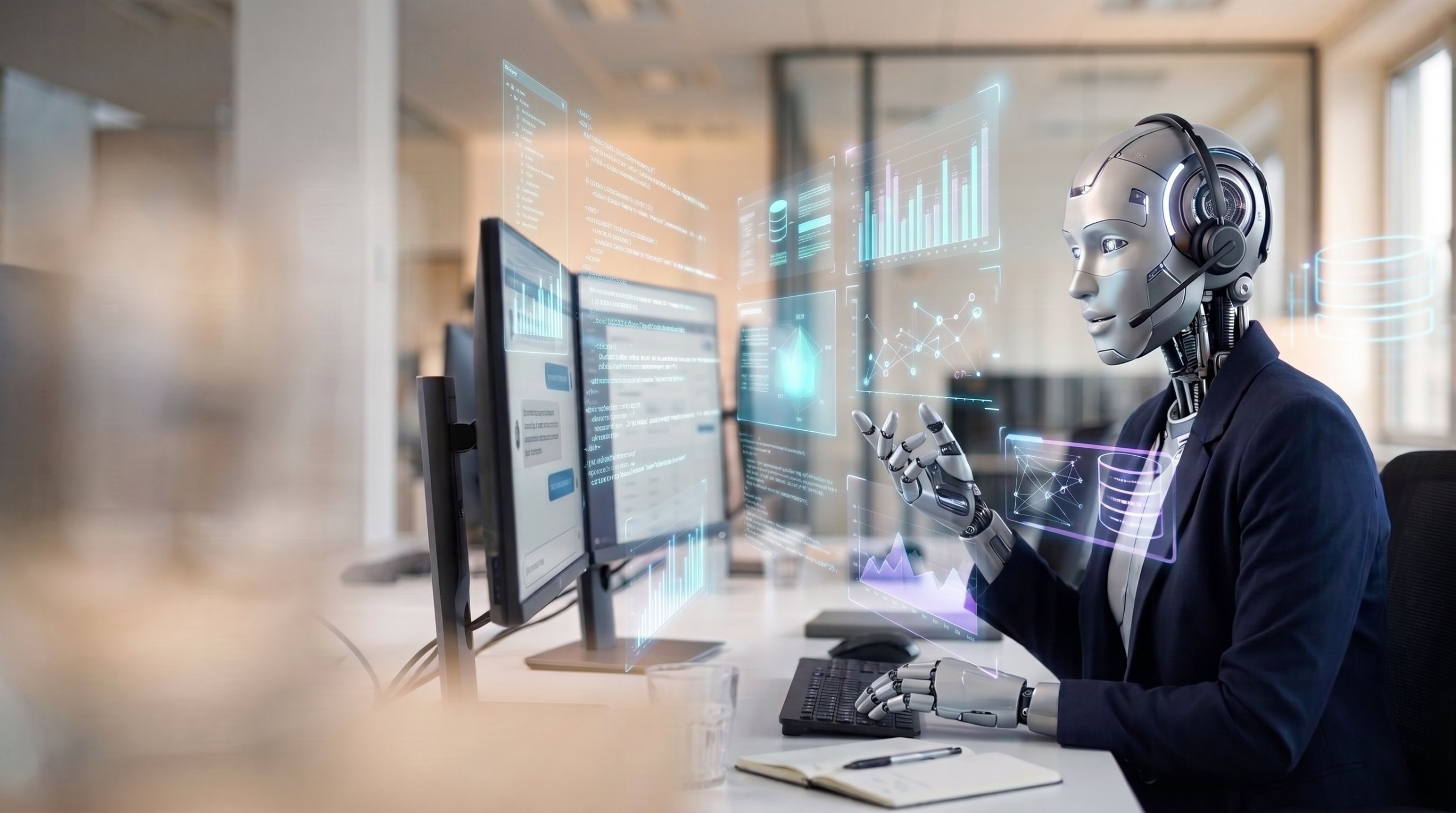 An AI voice agent represented as a robot wearing a headset, working at a desk surrounded by data dashboards